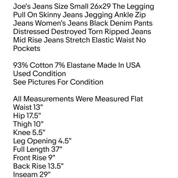 Joe's Jeans Size Small 26x29 The Legging Pull On Skinny Jeans Jegging Ankle Zip - Picture 9 of 9